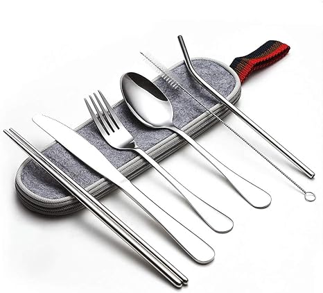 Travel Utensils Reusable Cutlery Set With Case Camping Utensils Stainless Steel Metal Straw Knife Fork Spoon Chopsticks Portable Silverware For Bento Lunch Picnic Hiking Office School Amazon Ca Home Kitchen