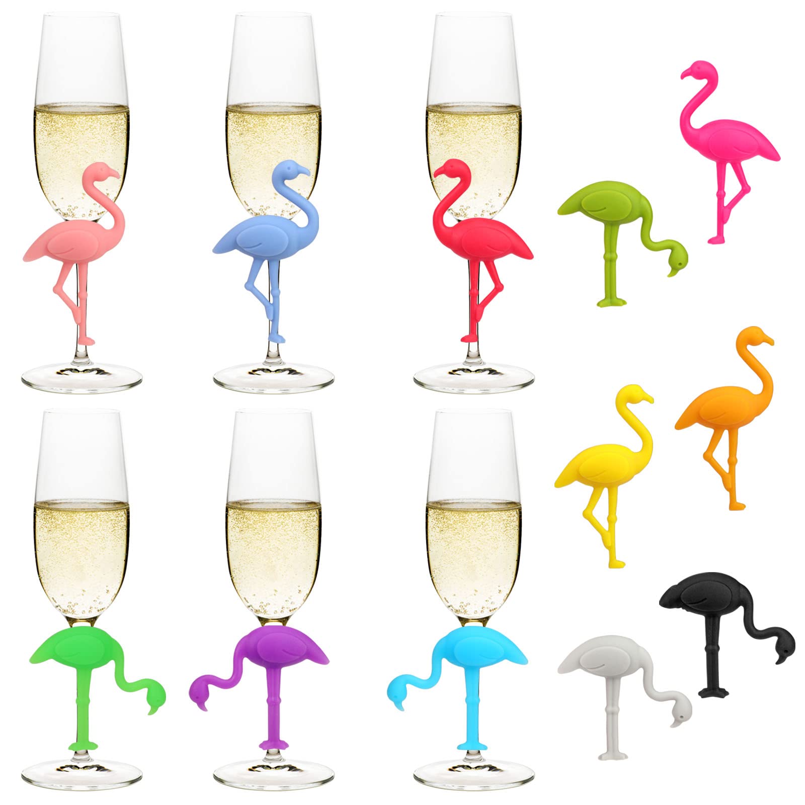 12PCS Silicone Barware Glass Markers, Flamingo Charms Drink Markers Tags Wine Glass Decorations Silicone Recognizer Cocktail Champagne Accessories for Party Bar Home Table Decorations, Multicolor