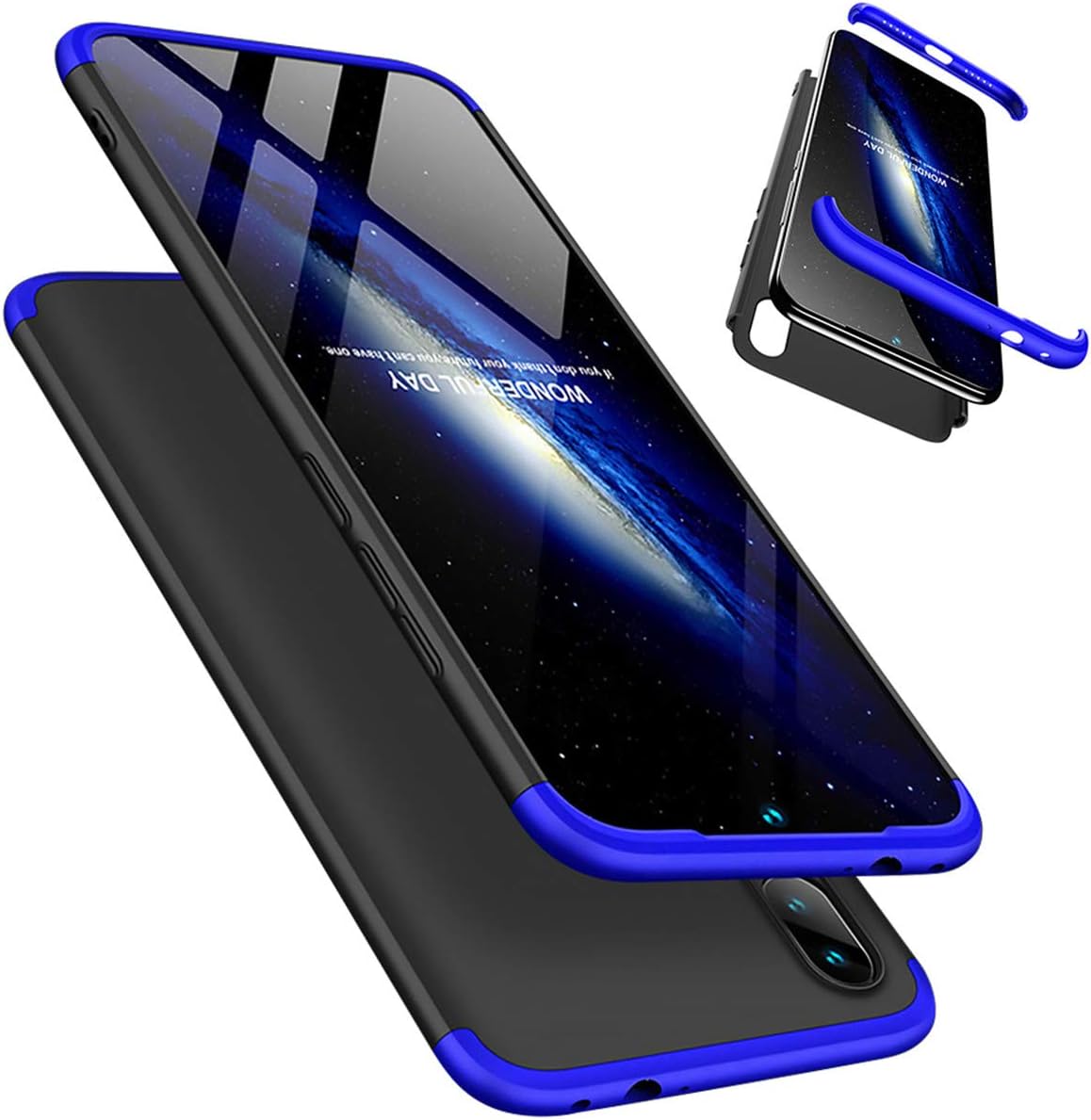 Xiaomi Redmi Note 7 Case, Laixin 360° Full Body PC Protective Skin Cover with Tempered Glass Screen Protector Film Anti-fingerprint Shockproof Plastic Hard Phone Shell (Blue & Black)