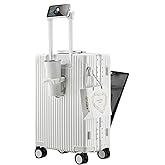 feilario Aluminium Frame PC Hard Shell Spinner Wheels Luggage,20.8"X15"X8.7 Airline Approved Built-In TSA lock Carry on Suitcase, with Cup Holder, USB Port, Phone Holder
