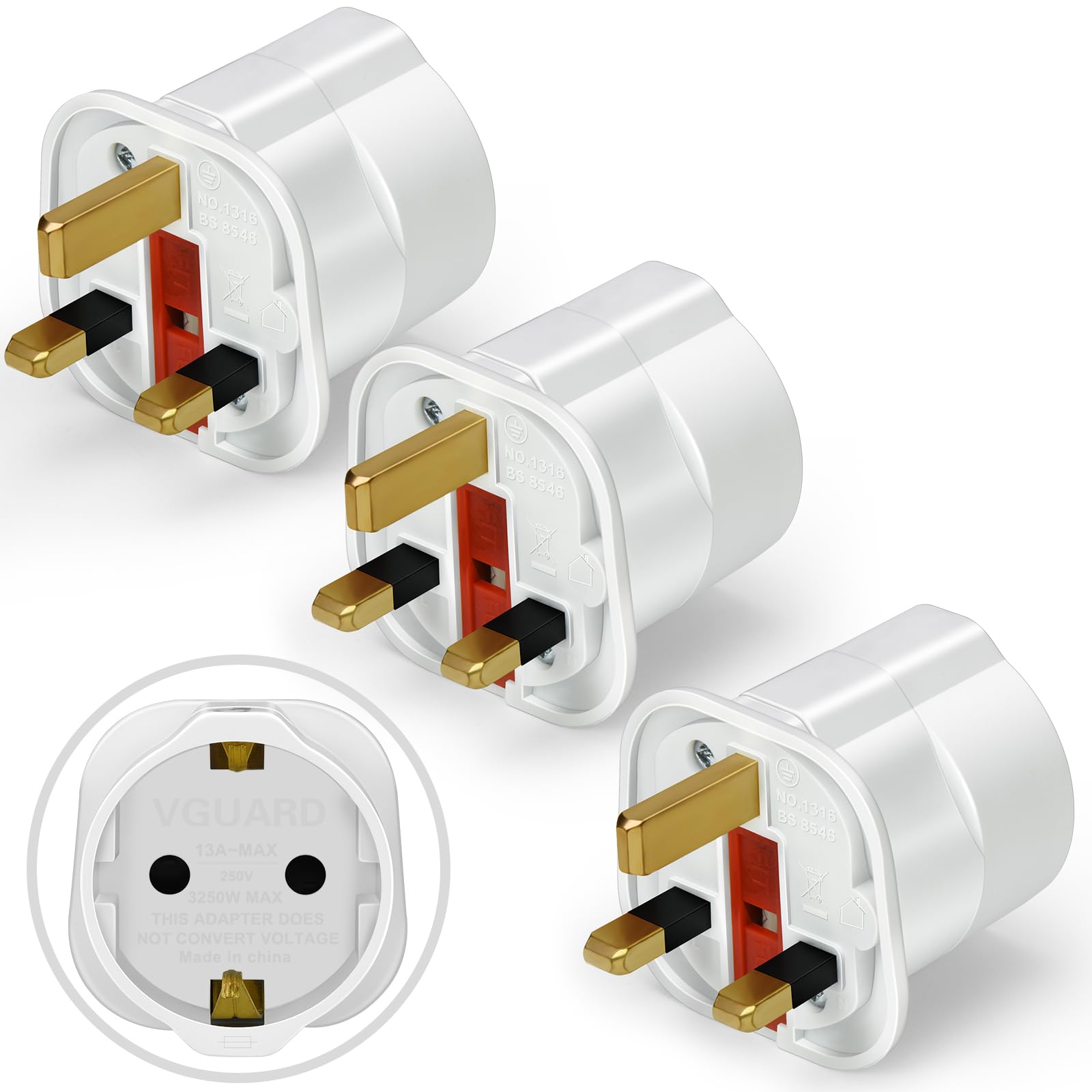 VGUARD European to UK Plug Adapter 3 Pack BS8546 Certified Travel Adapter 2-Pin to 3-Pin, EU Schuko to UK Plug with 13A Fuse for Europe French Spanish German Turkish to UK Socket - White