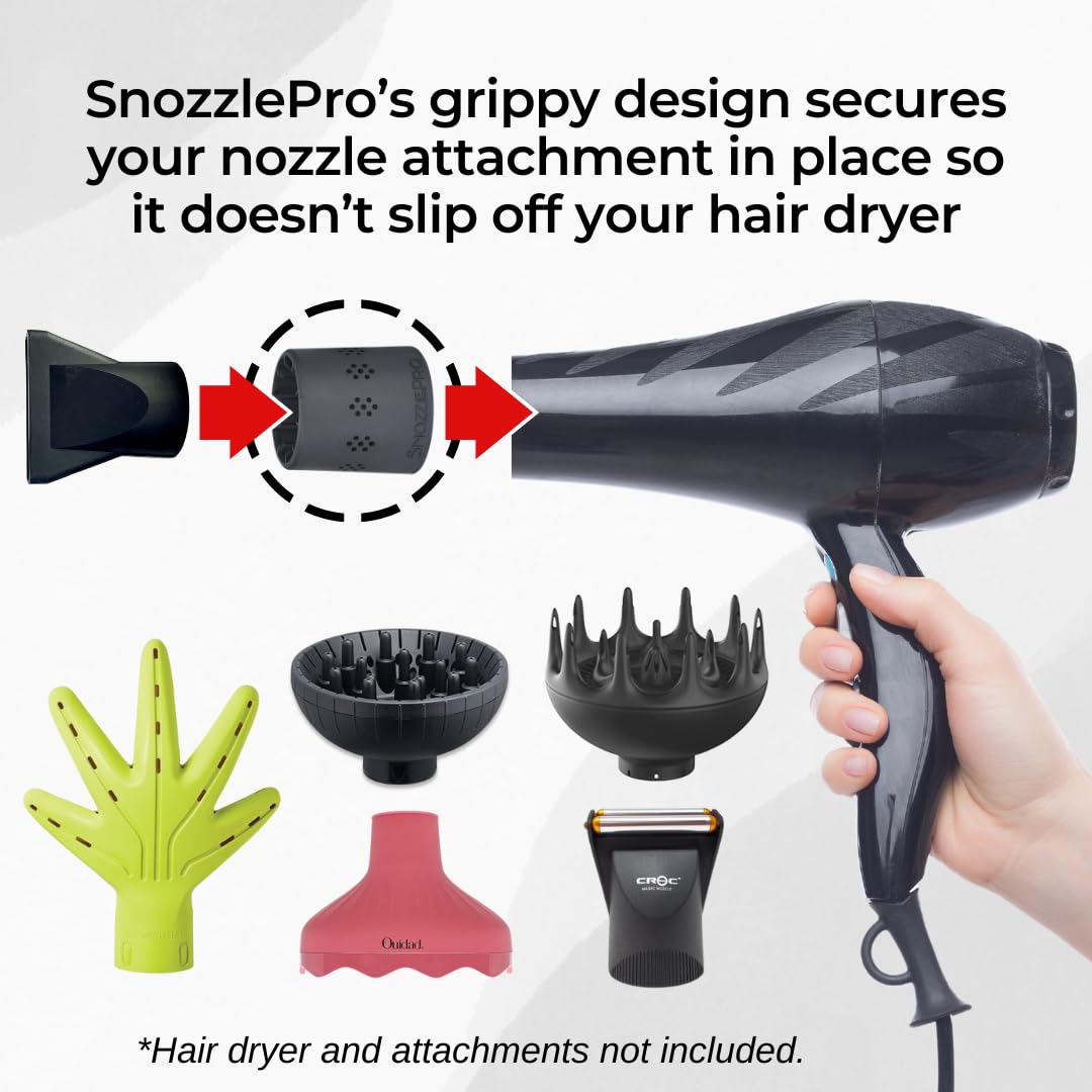 SnozzlePro Universal Hair Dryer Attachment Adapter, Patented Silicone Design Provides a Secure Fit for Concentrator Nozzles and Hair Diffusers - Fits Most Nozzle Diameters 1.5” - 2.25”