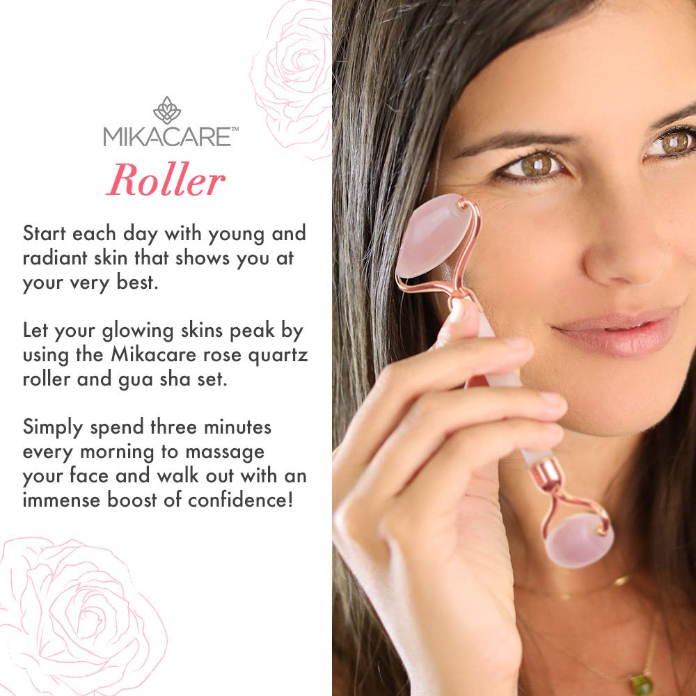 Jade Roller - Rose Quartz Roller and Gua Sha set - Anti Aging Facial Roller - Face Massager - Real Rose Quartz Scraping Tool for Slimming, Firming, Removes Wrinkles : Beauty