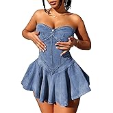Lingt Chic Women's Strapless Summer A-Line Denim Mini Dress Plated Bustier Corset Outfit Casual Lightweight Fashion