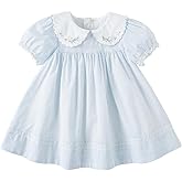 DAVE&BELLA Toddler Baby Girls Summer Dress, Short Puff Sleeve Cotton Sundress Blue Striped Floral Embroidery Prince Dresses