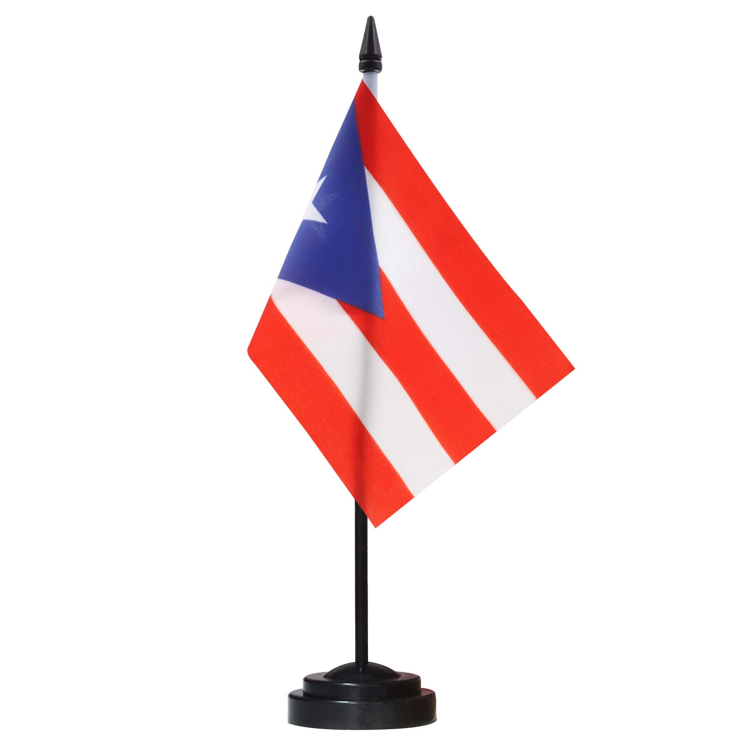 Photo 1 of Anley Puerto Rico Deluxe Desk Flag Set - 6 x 4 Inch Miniature Puerto Rican Desktop Flag with 12" Solid Pole - Vivid Color and Fade Resistant - Black Base and Spear Top