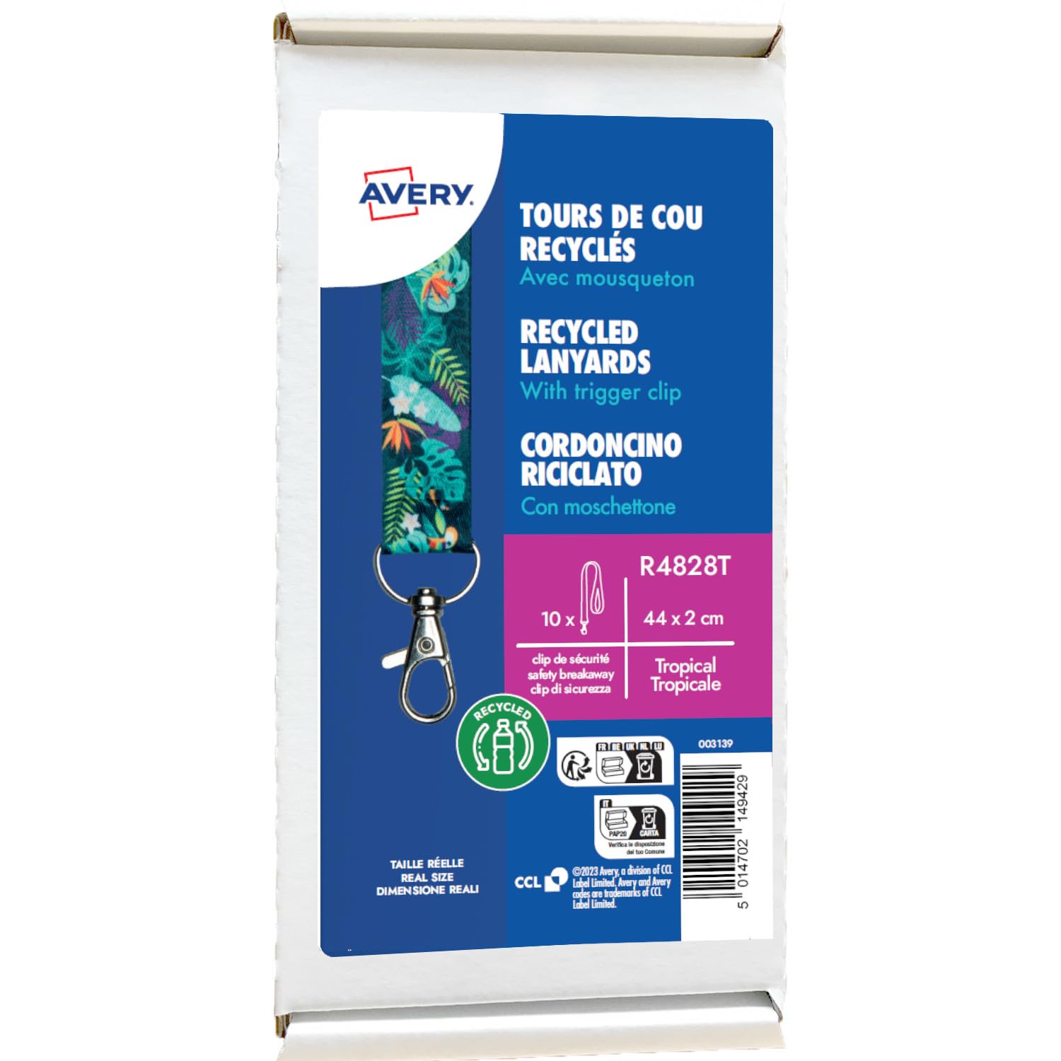 Avery R4828T-1 1 Tropical Printed Lanyard with 2cm Wide Swivel Carabiner – Eco-Friendly Neck Strap Made from Recycled Bottles – with Safety Breakaway Clip – Ideal for Badges, Keys & Card Holders