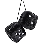 KIMISS Fuzzy Dice Car Mirror Hanging Decor - 3" Vintage Plush Dice with Suction Cup for Auto Rearview Mirror, Truck, Home & O