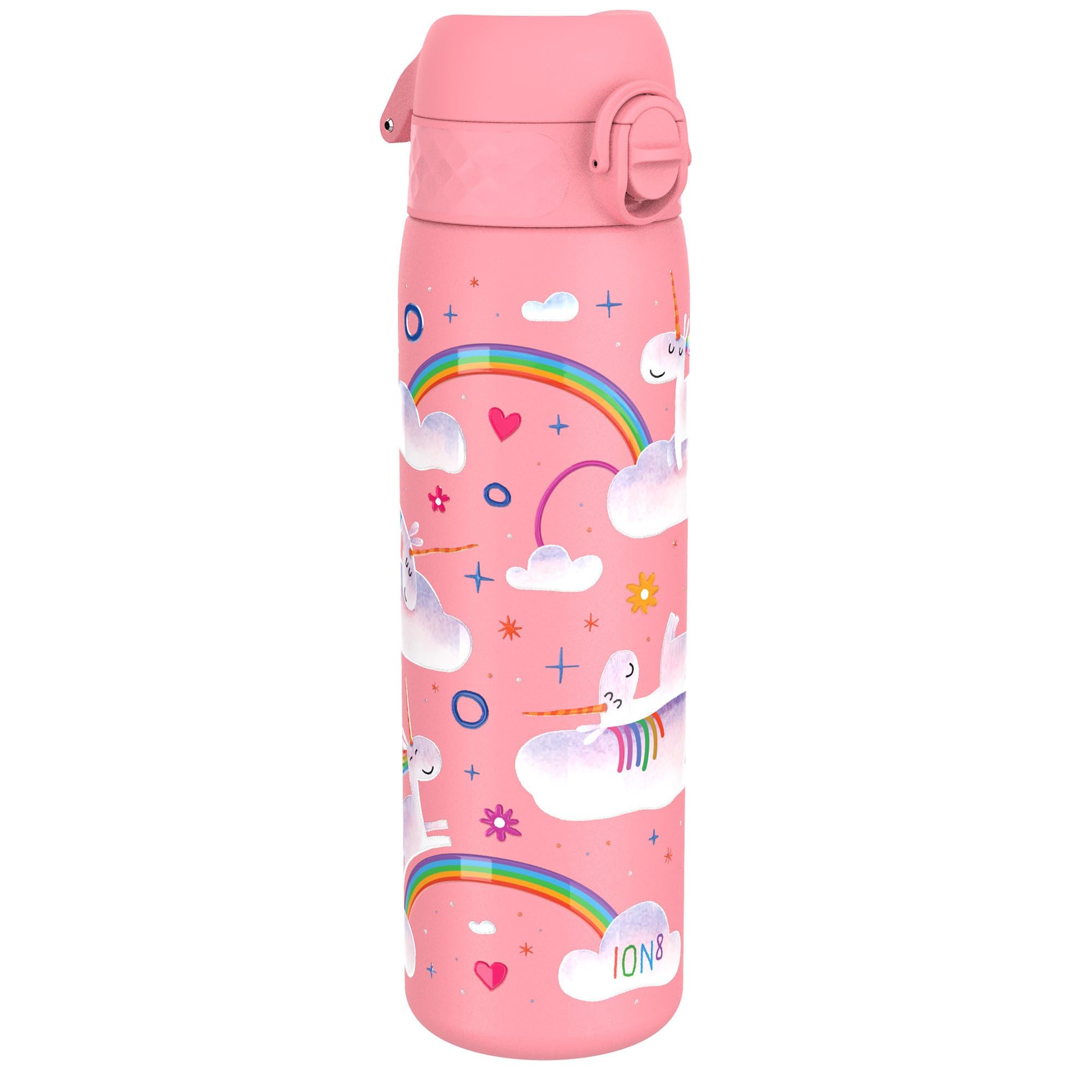 Ion8 Vacuum Insulated Steel Water Bottle, 500 ml/17 oz, Leak Proof, Easy to Open, Secure Lock, Dishwasher Safe, Fits Cup Holders, Carry Handle, Scratch Resistant, Metal Water Bottle, Unicorn Rainbows