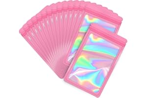 EONJOE 100-pack 2×2 inch mylar bags with clear window holographic resealable sealable packaging zip bag for small bussiness jewelry candy sample food packing supplies （Pink）