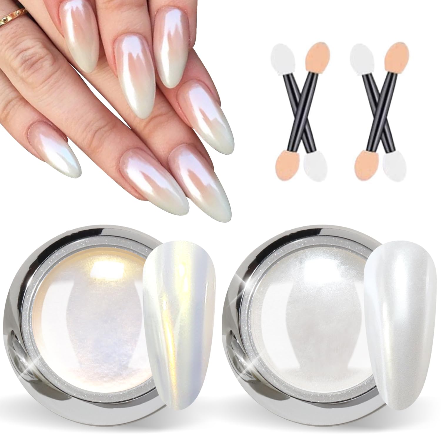 BISHENGYF White Pearl Chrome Nail Powder - 2 Pcs Mirror Effect Aurora Magic Pearlescent Nail Jewelry Mirror Glitter Nail Chrome Powders Holographic Pigment, Mermaid Pearl Aurora Dust Nail Powder