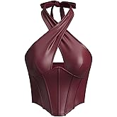 Verdusa Women's Y2k Club Faux Leather Corset Tops Cut Out Criss Cross Going Out Halter Top