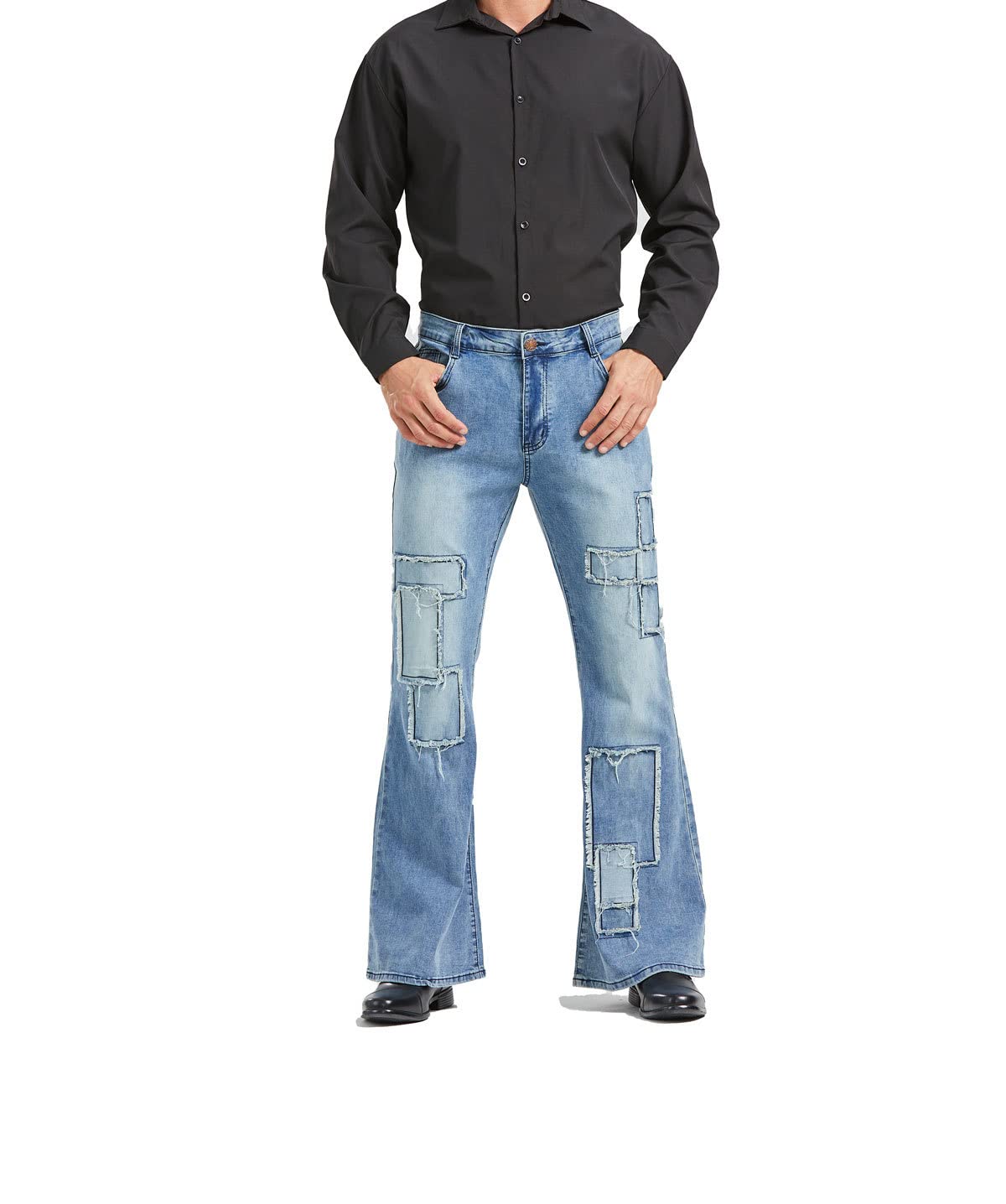 Photo 1 of Men's Vintage Flared Leg Denim Jeans Classic Patchwork Bell Bottom Denim Pants Fashion Stretchy Low Rise Distressed Wide Leg Jeans with Pockets,Blue,TAG 4XL(Fits Like US 3XL)