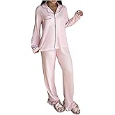 Verdusa Women's 2 Piece Satin Pajama Set Button Up Collared Shirts with Ruffle Pants Comfy Sets