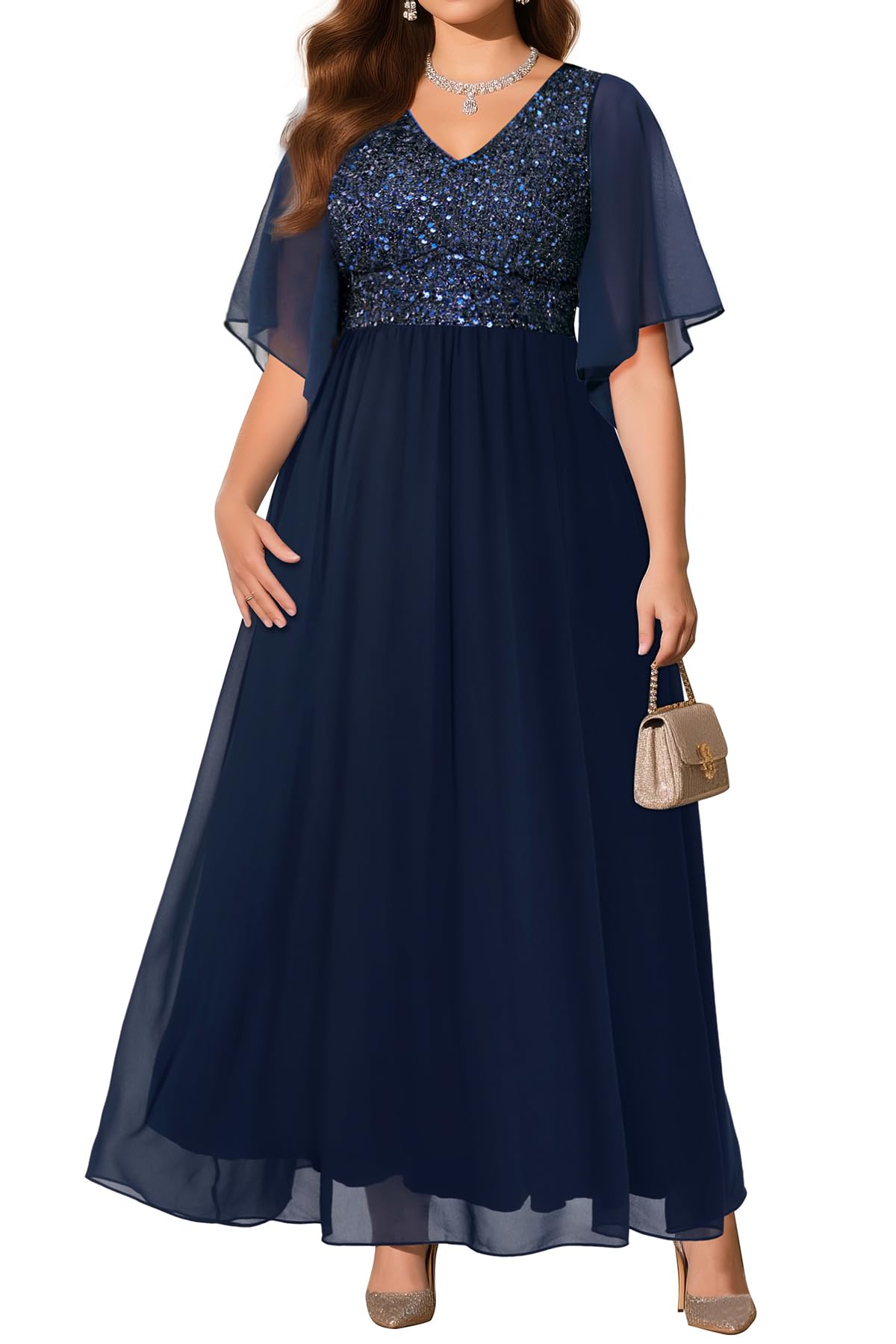 Photo 1 of Pinup Fashion Plus Size Formal Dresses for Women Navy Blue Evening Gowns Prom Gala Wedding Guest Sequin V Neck Chiffon Fall Long Dress