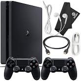 PlayStation 4 Slim 1TB Console Bundle - Includes the PS4 Console Slim 1TB, 2 Dualshock PS4 Wireless Controllers, MicroUSB Charging Cable, HDMI cable, Wired Earbuds and Microfiber Cloth (Renewed)