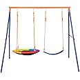 VEVOR Swing Sets for Backyard, 440lbs Load Capacity Swing Set, with 1 Saucer Swing Seat, 1 Belt Swing Seat, Heavy Duty A-Frame Metal Swing Stand and Adjustable Rope, Swingset Outdoor for Kids