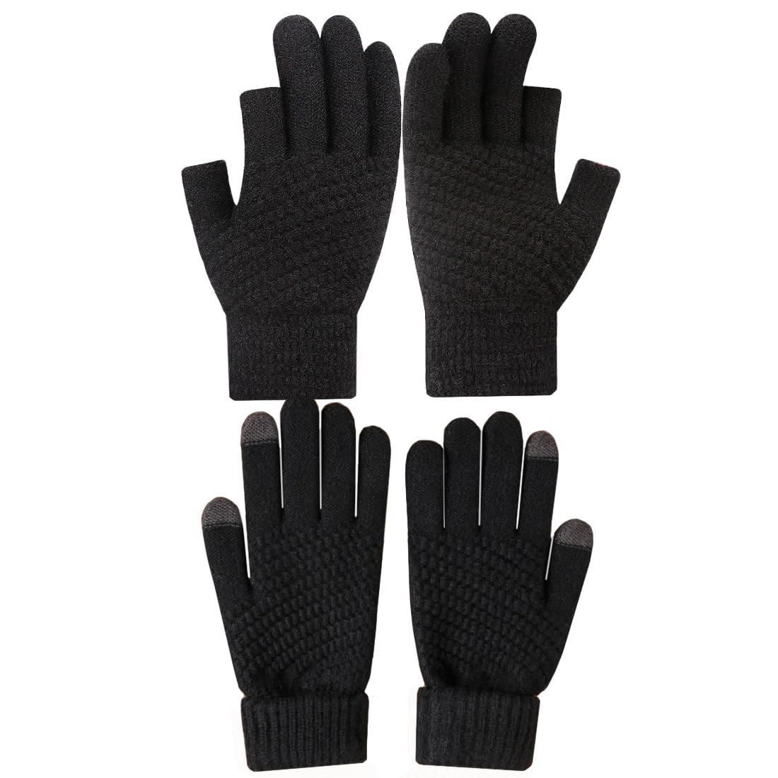 LassZone 2 Pairs Women Winter Touch Screen Gloves Warm Knitted Fingerless and Full Finger Gloves Thick Fleece Liner Thermal Mittens for Driving Cycling Running Driving Camping