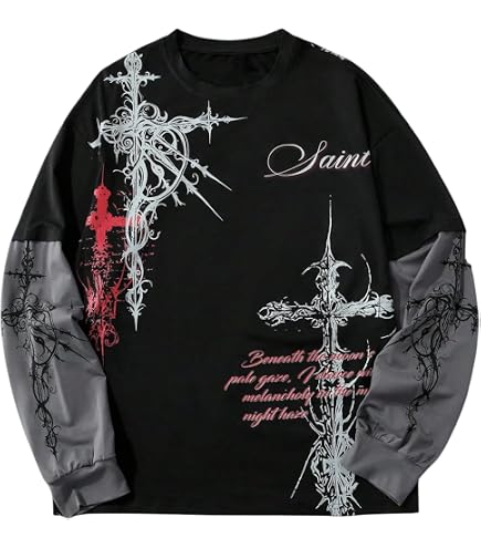 jupkem Men's Goth Baggy Shirt Y2k Graphic Print Long Sleeve Tees