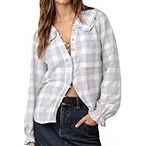 Tankaneo Womens Peter Pan Collar Button Down Shirts Long Sleeve Plaid Blouse Dressy Casual Fall Tops