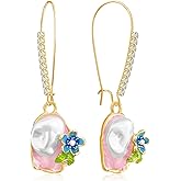 JOONL 14k Gold Sparkly Crystal Enamel Flower Leverback Earrings Pearl Oval Picture Frame Dangle Drop Earrings For Women