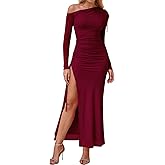 KUTUMAI One Shoulder Long Sleeve Maxi Dress Split Bodycon Ruched Formal Wedding Guest Dresses for Women Fall 2025