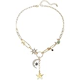 BONJOULRY Charm Necklace for Women Gold Evil Eye Sun Moon Flower Coin Pendant Necklace Dainty Paperclip Chain Vintage Luck Amulet Choker Necklaces Celestial Jewelry Gift