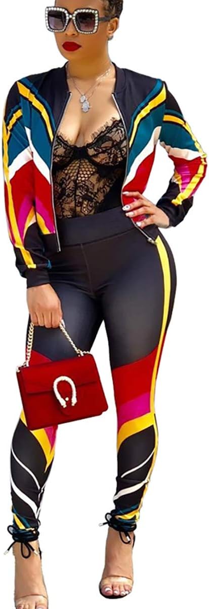 Mycherish Two Piece Outfits for Women Sexy Long Sleeve Stripe Print Front Zip Jacket Set Bodycon Long Pants Set Jumpsuits