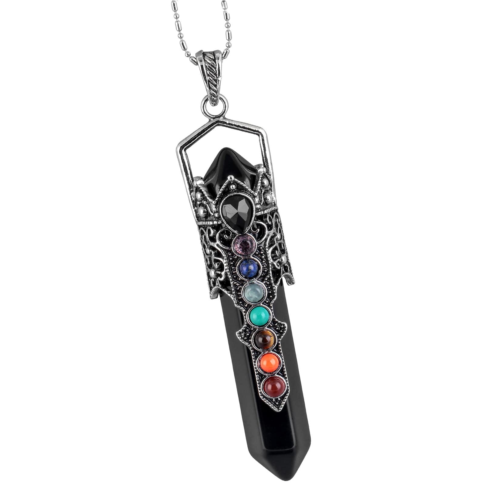 Nupuyai Vintage 7 Chakra Obsidian Crystal Point Pendant Necklace for Men Women, Hexagonal Pendulum Reiki Healing Stone Pendant with Chain