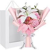Crochet Flowers Crochet Flower Bouquet with Greeting Card Finished Handmade Knitted Flowers Roses & Lily Bouquet for Mother's Day Valentines Day Birthday Graduation Gift Home Decor (Pink)