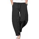 GUDEUBAI Men's Casual Cotton Linen Pants Elastic Waist Drawstring Beach Summer Lightweight Trousers