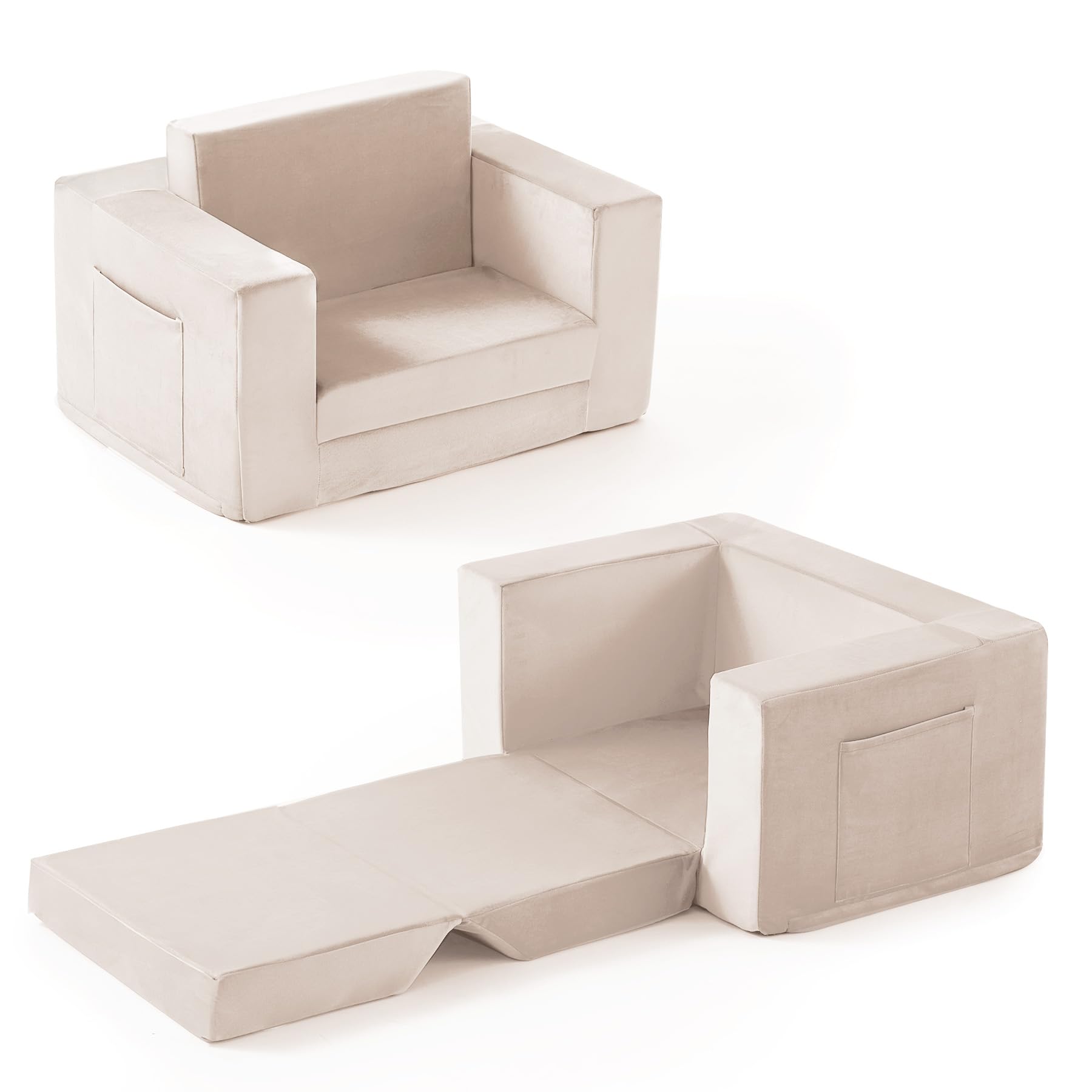 Photo 1 of Kids Couch, 2-in-1 Toddler Chair Comfy 1-3 Years, Convertible Kids Chair, Toddler Couch That Fold Out, Kid Lounge Chairs for Boys and Girls, Soft Coral Fleece, Beige