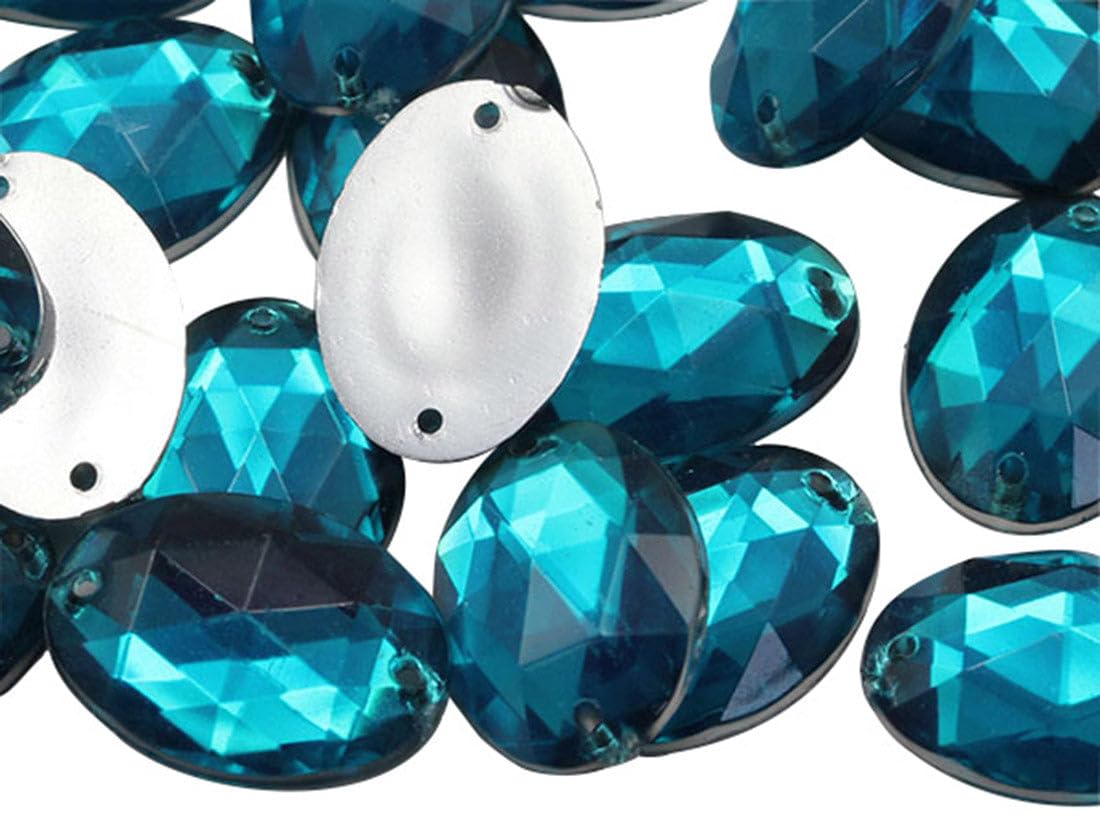 Allstarco 25x18mm Blue Aqua CH24 Flat Back Sew On Oval Beads Acrylic Rhinestones Sewing Plastic Gems with Holes for Jewelry, Clothes, Garment Embelishments, Shoes, Cosplays, Crafts 20 Pieces