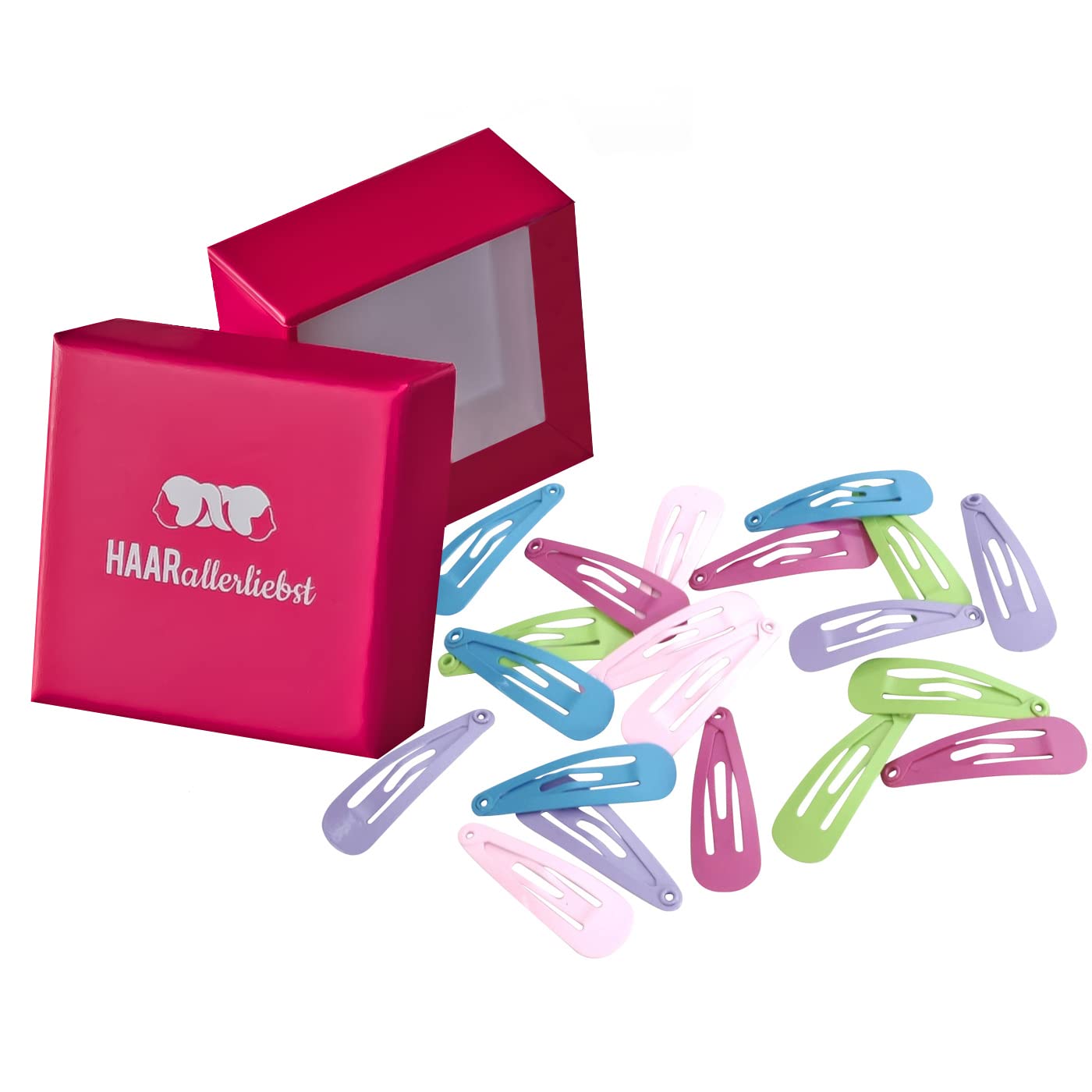 HAARallerliebst Mini Hair Clips (Pack of 20) Pink, Purple, Pink, Green, Blue 3 cm with Box for Storage (Box Colour: Pink)