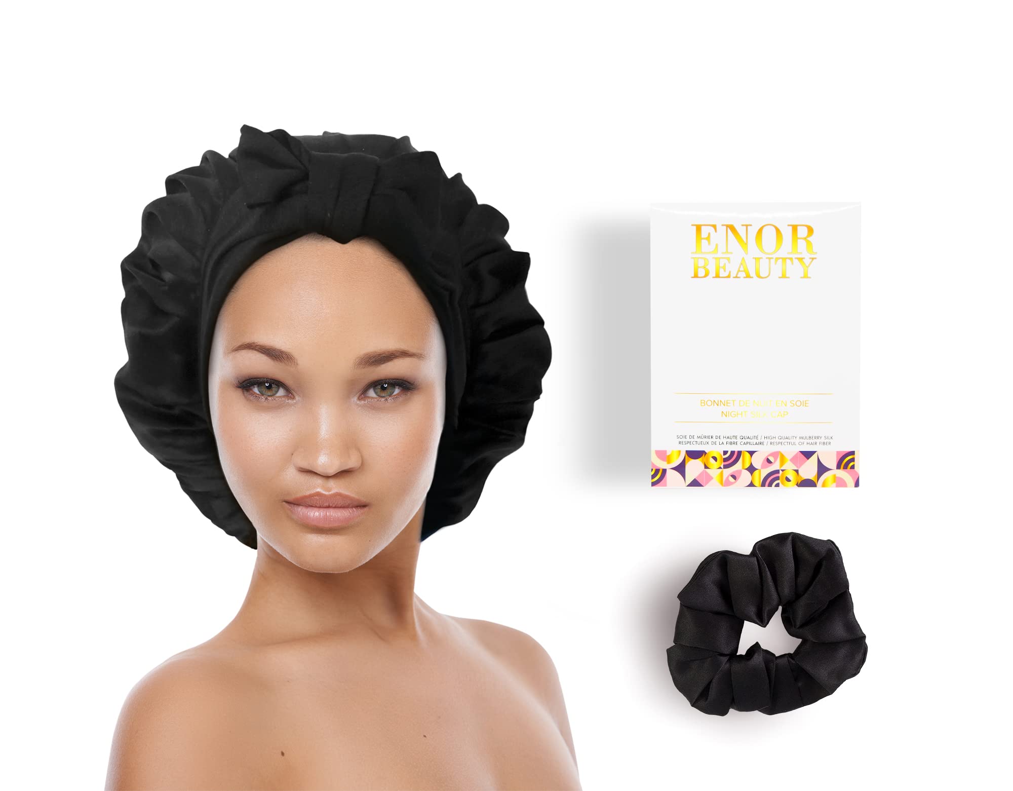 ENOR BEAUTY Women's Silk Night Sleep Cap - Protects Hair Fibre - Anti-Frizz - Comfortable Fit - Adjustable Elastic Band - Large Size - Black โ image 1