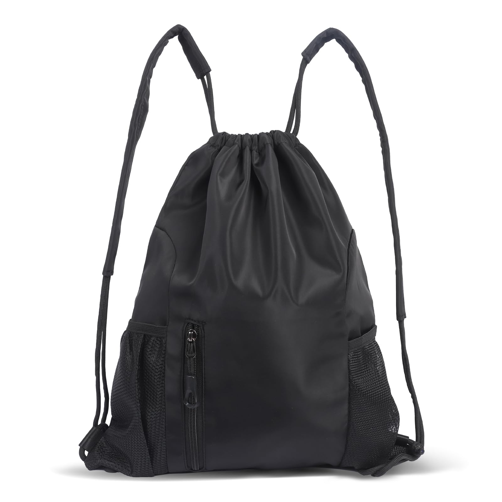 Drawstring Backpack Waterproof Swim Bags, Sports Gym Sackpack with Mesh Pockets, Large Capacity Drawstring Shoulder Bag for School Sports Swimming Gym Travel (Black)
