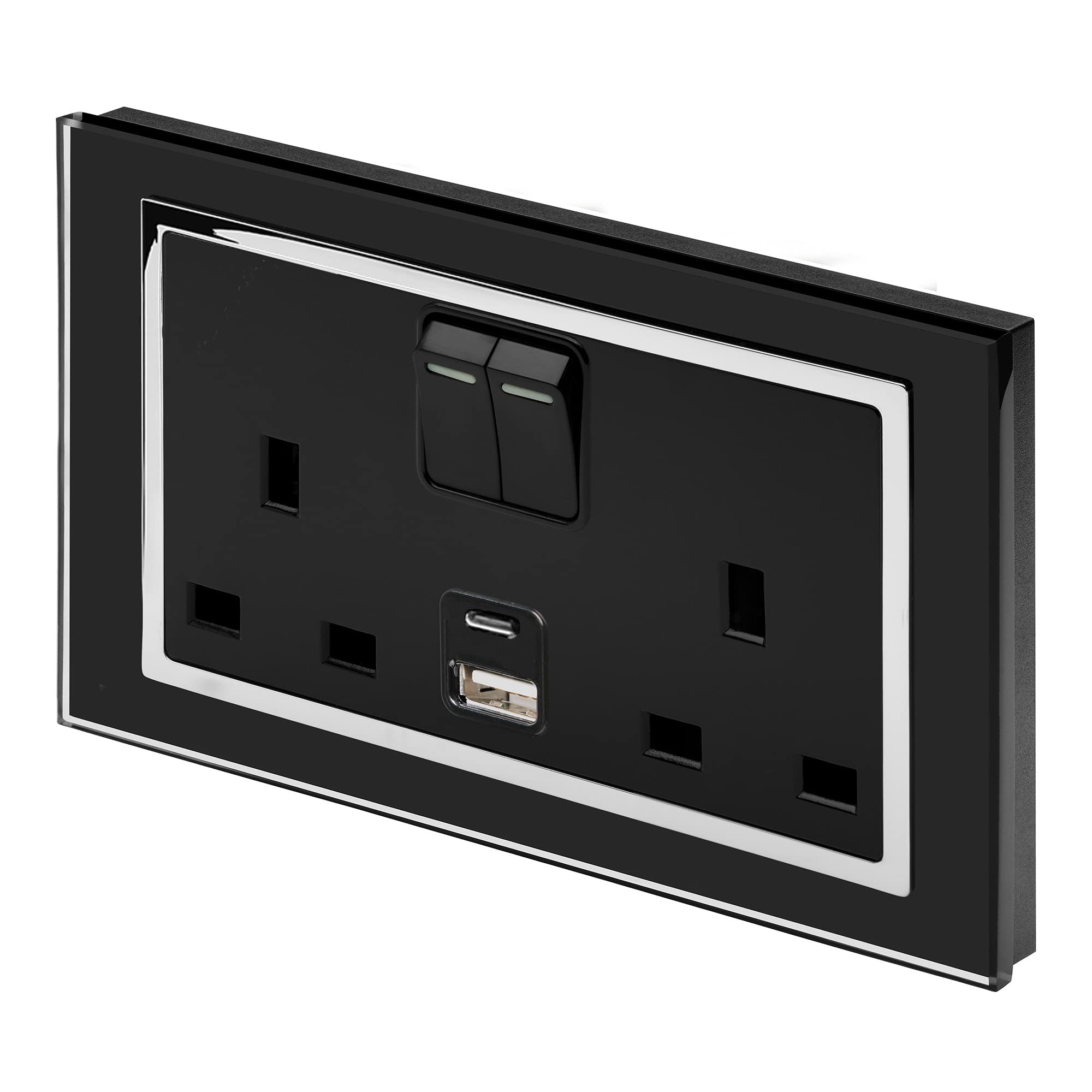 RETROTOUCH, Crystal, 3.1A USBC & 13A DP, Double Plug Socket, Switched, Black, Chrome Trim