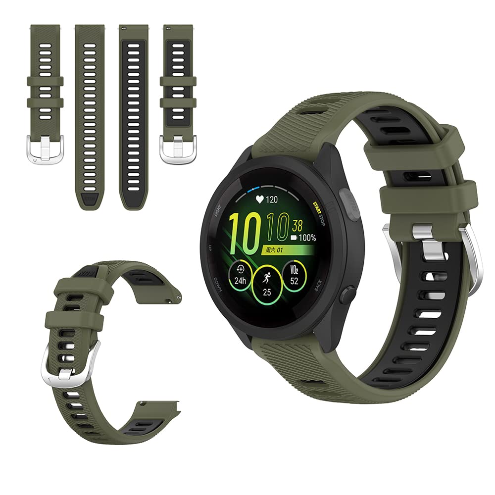 QINOUK Silicone Strap for Garmin Forerunner 265s, Soft, Breathable, Two-tone, Adjustable, Dark Green