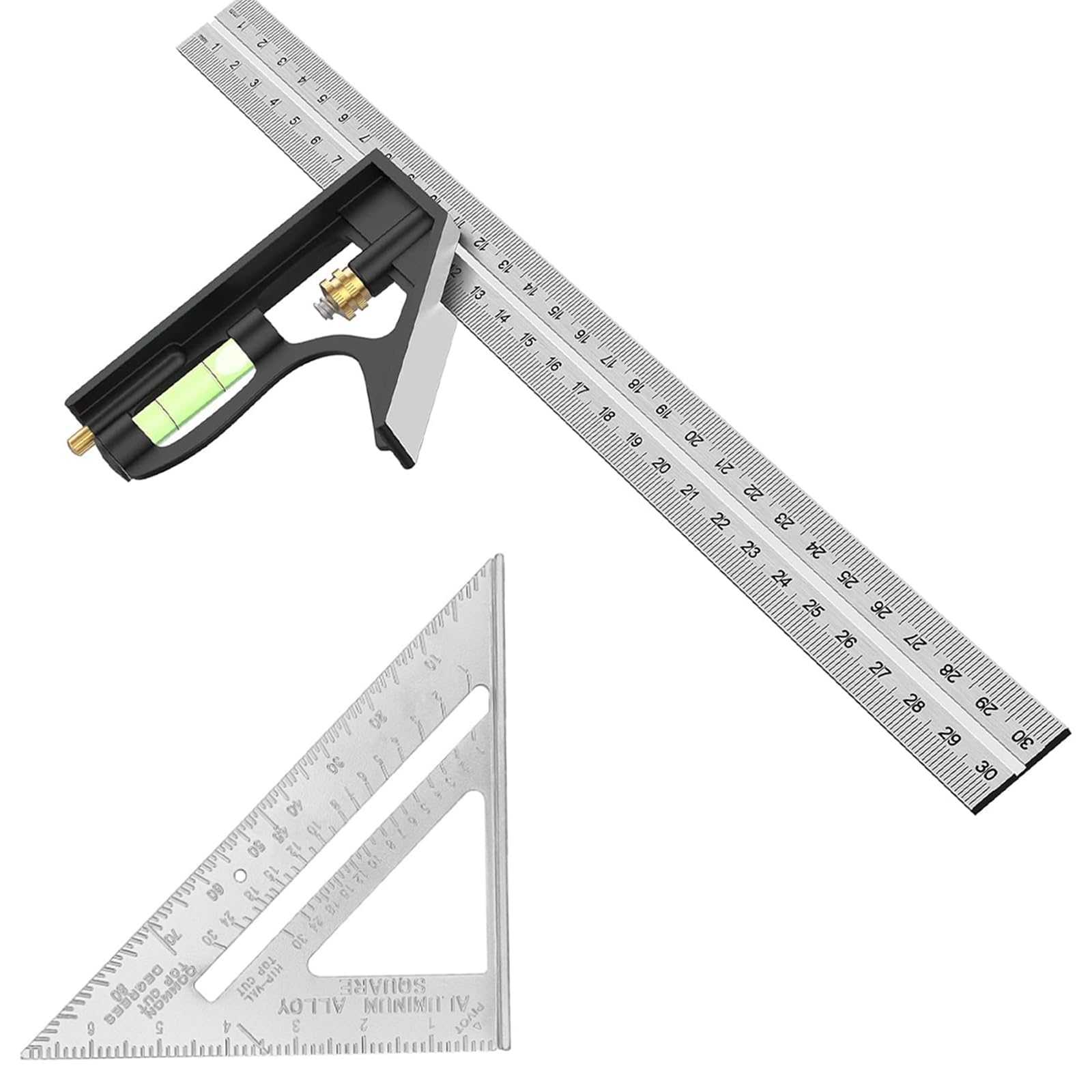 2 Pcs Combination Triangle Rule, 12 Inch Square Angle Ruler with Spirit Level, Set Square Carpentry﻿, Metric Stainless Square Tool for Accurate Measurement