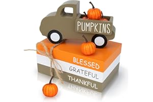 AKEROCK Fall Table Decor, Farmhouse Wooden Fall Signs with Book Stack, 3D Truck and 5 Individual Pumpkins for Tiered Tray, Coffee Bar, Shelf and Mantle Decor - Fall Decorations for Home