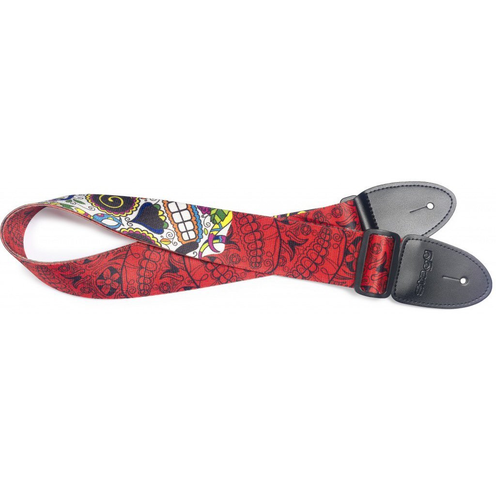 Stagg 22470 82-141 cm "Big Mexican Skull Pattern" Adjustable Terylene Guitar Strap - Red