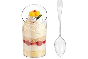 PLAZOTTA 100 Pack Mini Dessert Cups with 100 Spoons, 2.5 oz Clear Plastic Parfait Appetizer Cups, Shooter Cup for Desserts, W