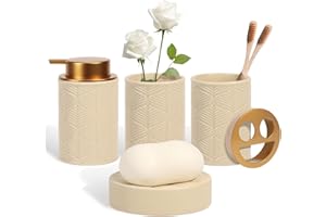 Kukikan Ceramic Bathroom Accessories Set, 4 Pcs-Includes Lotion Soap Dispenser, Toothbrush Holder, Vanity Tray, and Tumbler, Modern Bathroom Decor Organizer with Soap Dish, Apothecary Jar, Beige Color