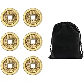 ZGGAZCA 6pcs Feng Shui Coins Set Chinese I Ching Brass Coin for Good Luck Success Ancient Fung Style Lucky Gold Coins Traditional Token for Wealth Fortune Blessings Fengshui Decor with Bag
