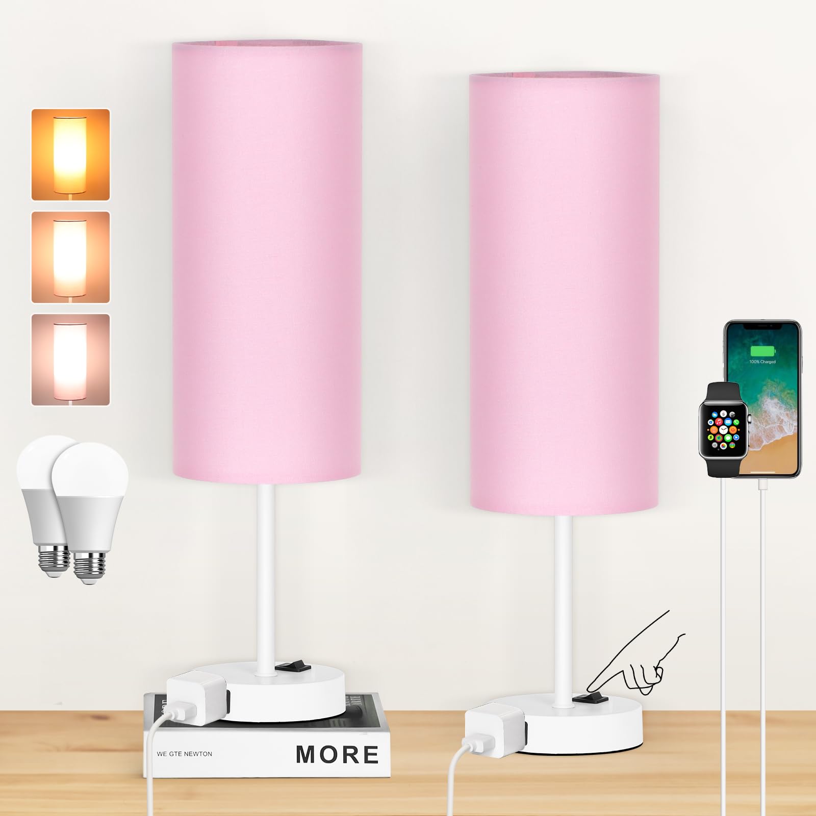 ZJOJO Table Lamp for Bedroom 2 Pack,18in Bedside Lamps with 3 Way Dimmable Rocker Switch & AC Outlet,Nightstand Desk Lamp with Pink Fabric Shade White Base for Living Room Home Decor Lights Image
