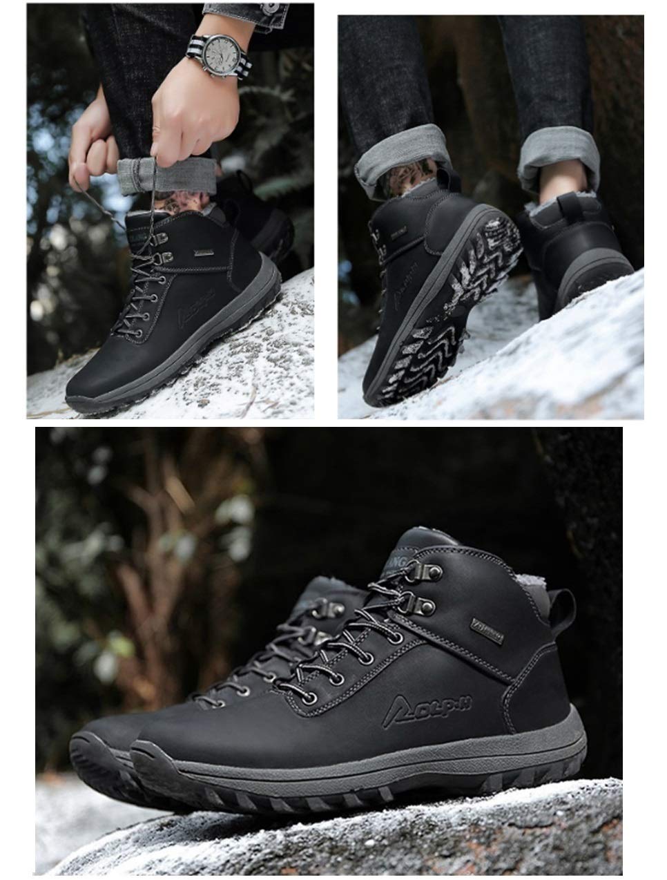 VANDIMI Winter Snow Boots for Men Waterproof Fur Lined Lace Up Hiking Shoes Warm Ankle Non Slip Boots