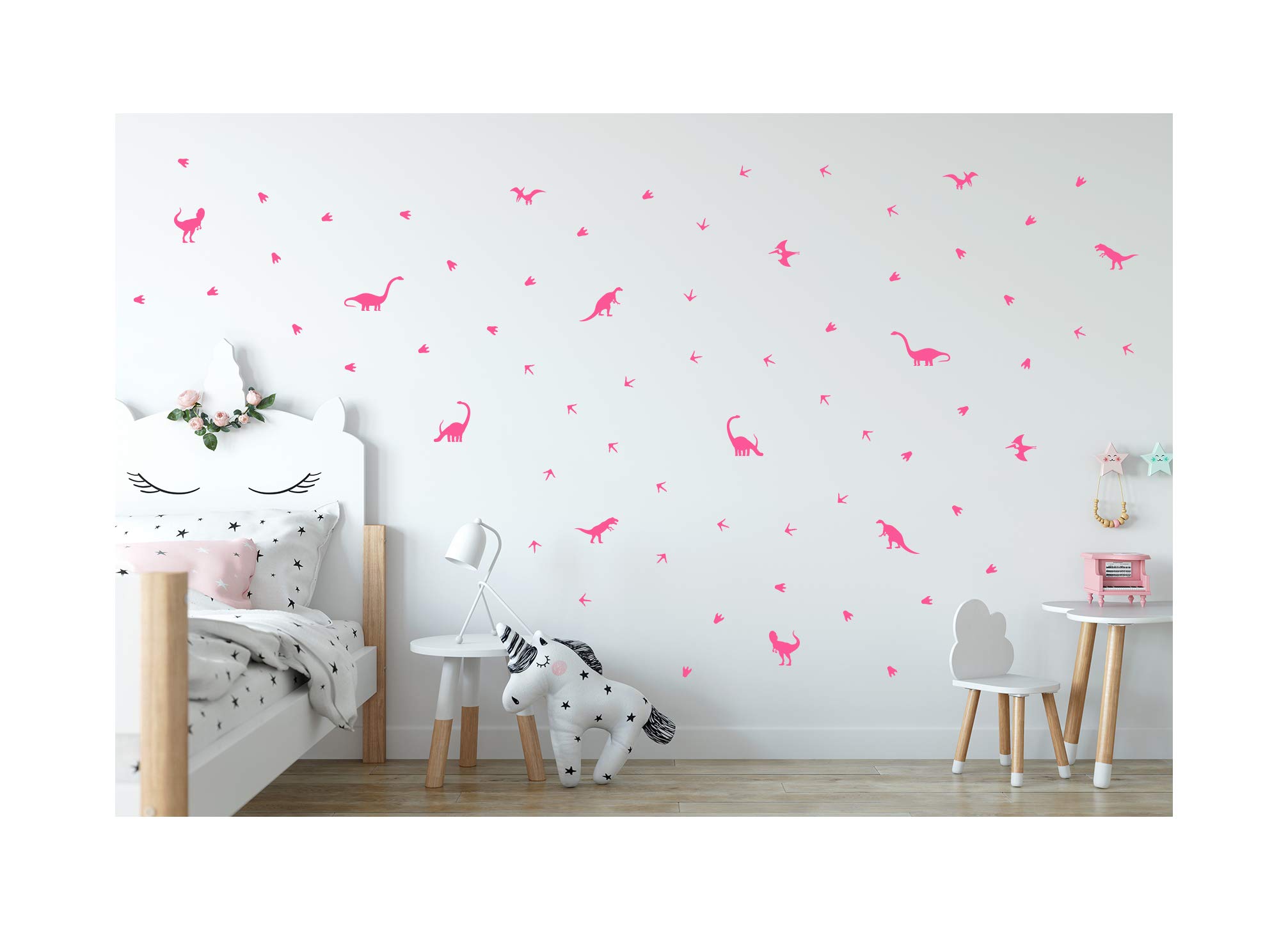 StickerDeen | Dinosaurs Vinyl Decal Wall Sticker Mural - Kids Children Boys Girls Teenager Teens Bedroom, Room Ideas Home Decor (Pack of 65) (Baby Pink)