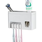 LUEXBOX Self Adhesive Toothbrush Holders Wall Mounted, Multifunction Toothpaste Stand with Covers, Automatic Toothpaste Dispenser for Bathroom, Toothbrush Hanger Rack for Dorm, Cabinet