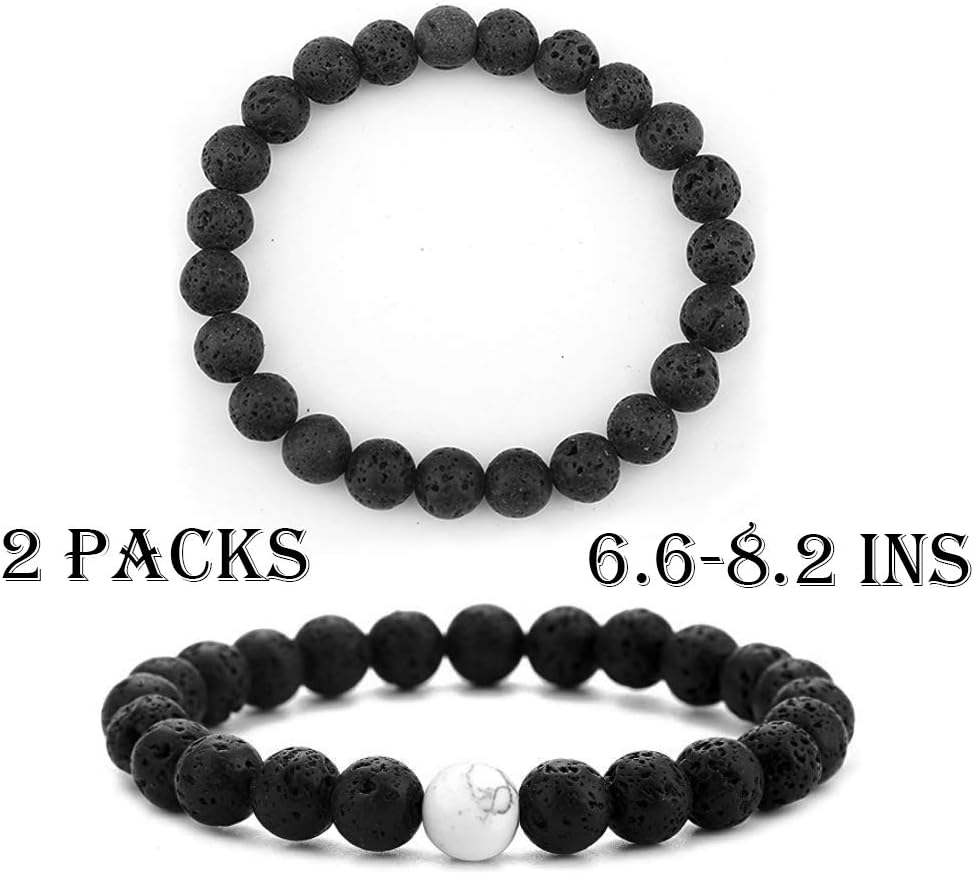 2 Packs Lava Stone Diffuser Bracelet Flelixble Size Howlite Bracelet Clam Down Yoga Bracelet Bangle Confidence Relief Stress Lava Bracelet Nature Lava Stone for Men/Women [8mm]