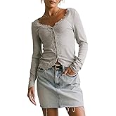 Womens Cardigans Lightweight Long Sleeve Button Down V Neck Slim Fit Lace Trim Top